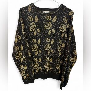 Women's‎ Vintage Koret Black Pullover Sweater Gold Metallic Rose Pattern Medium